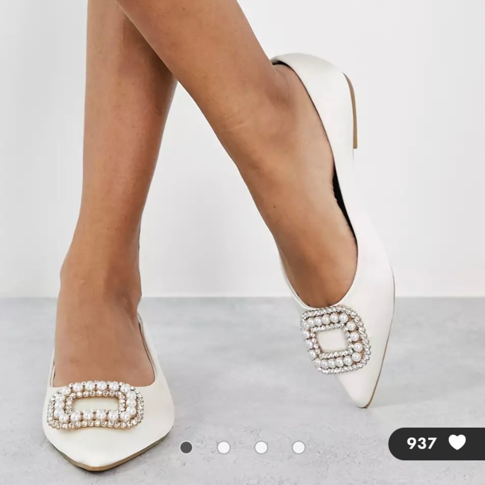 ASOS DESIGN Laura embellished pointed ballet flats in ivory satin